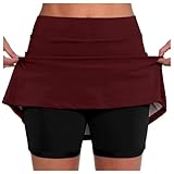 Wanderhose Damen Kurz, Rock Mit Hose Drunter Tennisrock Damen Sommer 2 In 1 Shorts Integriert Kurze Hosen Elegant Hosenrock Laufrock Golfrock Röcke Wanderrock Skort Tennis Skirt Sportrock, Wein, XXL