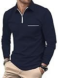 HMIYA Herren Poloshirt-Langarm Poloshirt aus Baumwolle Atmungsaktiv Casual T-Shirt mit Tasche,Navy,L