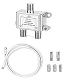 QWORK® Sat verteilt, 2 Fach Splitte, für Satelliten-Anlagen, inkl. Adapter + Kabel + 2 x F Stecker auf Koax Stecker + 3 x F Buchse auf Koax Kupplung