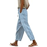 Hose Boyfriend Damen Kariert Damen-Hosen mit hoher Taille, Kordelzug, Caprihose mit Taschen, weites Bein, Kurze Hose für Damen Damen Yoga Hose Lose Gerade (Blue, S)