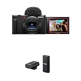 Sony ZV-1II Vlog-Kamera | Digitalkamera (Weitwinkel-Zoomobjektiv, verstellbares Display für Vlogging, 4K Video, multidirektionales Mikrofon) Schwarz + Sony ECM-W2BT