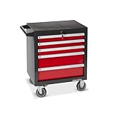 Steinbock Werkstattwagen S mit 92-teiligem Werkzeugsatz | 5 Schubladen mit Arretierung | 90% Schubladenauszug | HxBxT 81,5 x 75,5 x 46 cm | Abschließbar | Feststellbremsen | vormontiert | Schwarz/Rot