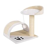 lionto Kratzbaum klein mit Plüschball & Kratzbogen, Höhe 43 cm, gemütliche Liegefläche aus weichem Plüsch, stabil mit Sisalseil zur Krallenpflege, für kleine & große Katzen geeignet, beige/weiß