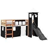 Goldicoo Kinder Hochbett mit Vorhänge, Rutsche & Turm – Rosa Blau Schwarz – 80x200 90x190 90x200 – Massivholz Kiefer – Spielbett Kinderbett für Jungen und Mädchen