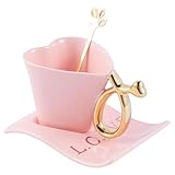 Winlauyet 1 x Espressotassen aus Porzellan, 135 ml, herzförmige Tasse mit Untertasse und Löffel, Keramik-Kaffee- und Teetassen (Rosa)
