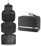 Maliton Reise Kulturbeutel fur Damen/Herren,Faltbare Kulturtasche zum Aufhängen mit 4 Fächern,Wasserdicht Kosmetiktasche mit 360° Drehbare Haken,Große Waschtasche & Duschtasche (Schwarz)