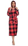 VOGMATE Bademantel Damen Flauschig Kapuze Morgenmantel Lang Kuschel Gittermuster Saunamantel Plüsch Fleece Hausmantel Rot Schwarz 2XL/3XL