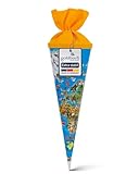goldbuch 93 070 Geschwistertüte Weltkarte, Schultüte mit Weltkartenmotiv, Lackkarton, Geschenkverpackung mit gelbem Filzverschluss (ohne Verschlussband), Zuckertüte rund, Länge 35 cm, Ø 11,5 cm