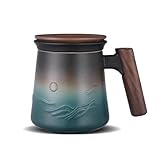 ZENS Teetasse mit Deckel und Sieb, 430ml Holzgriff Groß Teebecher mit Teesieb und Holz Deckel für Losen Tee, Geprägtem Keramik Teetassen Geschenk für Teeliebhaber, Schwarz und Grün