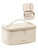 Prite Groß Kosmetiktasche für Damen Reise Kulturtasche aus Wasserdichtem Leder Tragbare Kulturbeutel oder Make Up Tasche mit Griff und Abnehmbarem Trenner (Beige)
