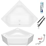 ECOLAM Badewanne IRMA 140x140 cm Schürze | Eckwanne Fünfeckform Eckbadewanne + Verkleidung I Ablaufgarnitur Füße Silikon Komplett-Set Acryl weiß