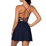 Odizli Tenniskleid Damen mit Hose Drunter Shorts Zweiteiler Frauen Sommer Camisole Rückenfreies Tennis Kleid Golfkleid Workout Sport Gym Fitness Sportkleid Sommerkleid Sportkleidung Marineblau L