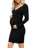 KOJOOIN Damen Umstandskleid Enge Langarm Stillkleid V-Ausschnitt Schwangere Kleider Mutterschaft Schwangerschaft Knielanges Partykleid mit Gürtel (Verpackung MEHRWEG), A-Schwarz, M