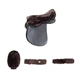 Merauno® Lammwolle Reitgeschenke Set of 4-1x Lammwolle Sattelsitzbezug, 1x Genickschoner aus Lammfell (32×5cm and 28×5cm), 1x Lammwolle Putzhandschuh aus Merino Lammwolle Farbe: Natur (Braun)