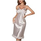 Nachthemd für zierliche Frauen, Satin, Seide, Rüschenbesatz, V-Ausschnitt, Midi-Kleid, Negligee, Nachtwäsche, Spaghettiträger, rückenfrei, Nachthemd, Nachtwäsche, Nachtwäsche, Mode für Damen, weiß, S