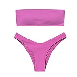Balconette Bikini, Bandeau Bikini Damen Set Tanga Bikinis String Bademode Ohne Träger Bügelbikini Trägerlos Badeanzug Sport Sexy Kleine Brüste Push Up Zweiteiler, Rosa, M