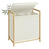 SONGMICS Wäschekorb 3 Fächer, Wäschesammler mit Bambusrahmen, verstärkter und abnehmbarer Deckel, Wäschesack abnehmbar, Wäschesortierer 150 L, cremeweiß RLH103WD01