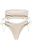 GORGLITTER Bandeau Bikini Damen Set Bikini High Waist Trägerlos Bikini Mit Kordelzug Bikini Set Einfarbig Zweiteiler Badeanzug Bademode Swimsuit Aprikosenfarben L