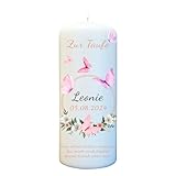 Taufkerze Schmetterling personalisiert mit Namen, Datum und Taufspruch - Taufkerze für Mädchen (20cm x 7cm)