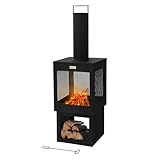 ML-Design Gartenkamin mit Schornstein 128x40 cm eckig, Stahl, Outdoor Gartenofen, Terrassenofen mit Schürhaken, abnehmbarem Dach, Holzablage, Terrassenkamin Feuerschale/Feuerkorb für Garten & Camping