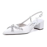 Weiß,42,Damen-Hochzeitsschuhe mit Blockabsatz für die Braut, Spitze, geschlossene Zehenpartie, klobige Strass-Slingback-Pumps Party und Abend, Pumps Satin mit Knöchelriemen