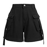 FYMNSI Kurze Hosen Damen Sommer Cargo Shorts Milit?r Casual Elastische Taille Freizeithose mit Taschen Hotpants Baumwolle Outdoorhose Arbeitshose Jeans Bermuda Shorts Outdoor Wandern Short Schwarz M