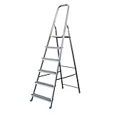 Bayersystem BS-DA6 150 Blue Trittleiter mit 6 Stufen, Aluleiter, bis 150 kg belastbar, max. Arbeitshöhe 3,21 m, Klapptrittleiter mit Handlauf, Anti-Rutsch-Füße, Klapptritt für Haushalt, Silber/Blau