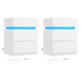 VASAGLE Nachttisch mit LED-Beleuchtung, 2er Set, Beistelltisch, einstellbare Farben, Sofatisch 3 Schubladen, Nachtschrank Schlafzimmer, modern, 35 x 40 x 55 cm, weiß LET0830W01