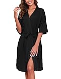 Ekouaer Damen Bademantel Leicht Morgenmantel Kurz Strick Superweich Dünner Loungewear mit Taschen, Schwarz, L