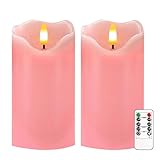 Justup Flammenlose LED-Kerzen, Set von 2 Flackernde LED Kerzen mit Fernbedienung und Timer, Dimmbare Säulen Kerzen Batterie betrieben, Kerzen für Herbst Halloween Thanksgiving Dekor (Rosa)