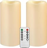 PILLOBOX Wasserdichte Flammenlose Kerzen mit Fernbedienung und Timer, 2 Stück Kunststoff Batteriebetriebene Kerzen, Flackernde LED Säulen Kerzen (D7.5×H14 cm) für Party im Freien, Home Decor, Camping