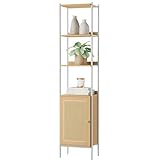 VASAGLE Bücherregal 6 Ebenen, Regal hoch, Standregal, Tür in Rattan-Optik, Boho-Stil, Metallrahmen, Verstellbarer Einlegeboden, für Wohnzimmer, eichenbeige-perlweiß LLS122W57