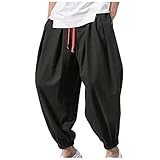 SOOUICKER Haremshose Herren Leinen Japanisch Leinenhose Herren Yoga Sommerhose Herren Leicht Leinenhose Herren Jogging Haremshose Herren mit Taschen Leinenhose Herren Sommer Aladinhose Herren
