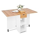 Mondeer Mobiler Klapptisch, Klappbarer Esstisch Geeignet für kleine Räume mit 1 Schublade und 2 Ablagen für Esszimmer Küche Weiß und Roteiche H1071KT01ME 72 x 120 x 75 cm