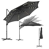 SONGMICS Sonnenschirm, Ampelschirm, 300 cm, 28 Solar-LED-Leuchten, UPF 50+, Gartenschirm, um 360° drehbar, Neigungswinkel stufenlos verstellbar, mit Kurbel, Kreuzfuß, grau GPU047G02