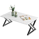 Couchtisch, Wohnzimmertisch, Sofatisch aus Holz, Kaffeetisch, Beistelltisch für Wohnzimmer, Einfache Aufbau, X Streben, Offener Stauraum, 100 x 48 x 55 cm, Marmor Weiß und Schwarz Metallgestell
