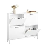SoBuy Schuhschrank schmal mit 4 Klappen platzsparender Schuhkipper Hoch Kommode mit 4 Ablagen Schuhregal geschlossen Shoe Cabinet Flurschrank für Diele, Flur, Garderobe 100x91x19cm Weiß FSR100-W