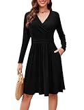 Actcat V-Ausschnitt Pullover Kleid Langarm Casual Kleider Herbst Kleid Damen mit Taschen schwarz Winterkleider Festliche Kleider für Damen weihnachtskleid Herbstkleid Schwarz,M
