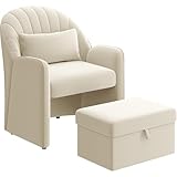 Yaheetech Sessel mit Hocker mit Stauraum, Bequemer Ohrensessel Wohnzimmer mit Rückenkissen, Relaxsessel Samt in Blütenblattform, Lounge Sessel für Büro/Schlafzimmer, Beige