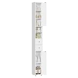 EUGAD Badezimmerschrank, Badschrank schmal hoch, Hochschrank Badezimmer, mit Schubladen Fächern verstellbaren Ablagen Türen, Weiß, MDF, 20x180x20 cm