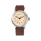 PRAESIDUS | 𝗔-𝟭𝟭 𝗦𝗲𝗿𝘃𝗶𝗰𝗲 𝗪𝗮𝘁𝗰𝗵 - Herrenarmbanduhren - A11, Militär - Weißes Zifferblatt 42 mm & braunes Nylonarmband, Montiert in den USA | Automatik, WW2, Geschenke für Männer