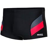 Aqua Speed Schwarze Boxer Badehose eng für Herren + gratis eBook | Wettkampf Retro Schwimmhosen kurz Männer | Sport | Aron, Gr. L, Schwarz Grau Rot