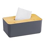 Relaxdays Taschentuchbox, nachfüllbar, Badezimmer, Tücherbox, Bambus-Deckel, Kunststoff, HxBxT: 10x23x13 cm, grau/Natur