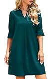 Enmain Sommerkleid Damen Casual Leichtes Blusenkleid mit V-Ausschnitt und Rüschenärmeln Luftiges Petrol Freizeitkleid für Alltag Teal S