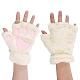 Giantree Katzenpfote Handschuhe, 1 Paare Halbhandschuhe Fingerlos, Niedliche Cartoon Plüsch Halb Handschuhe Halloween Cosplay Handschuhe Cartoon Winterhandschuhe für Frauen Mädchen(Rosa+Weiß)