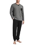 Marvmys Herren Schlafanzug Lang Baumwolle Winter Pyjama Set Schlafanzüge Männer Langarm Shirt mit Brusttasche Pyjamahose mit Tasche und Bündchen dunkelgrau L