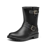 DREAM PAIRS Damen Motorrad Gummistiefel wasserdichte Stiefeletten Biker Boots Leicht Halbhoch,Size 38,Schwarz,SDRB2415W-E
