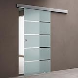 doporro Glasschiebetür Komplettset 77,5 x 205 cm | 15mm Wandabstand | Schiebetür mit ESG-Sicherheitsglas | Zimmertür Glas mit 5-Milchglas-Streifen und Muschelgriff | Amalfi-plus 11