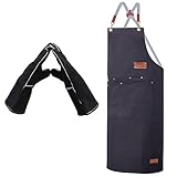 ETLEE Grillhandschuhe Hitzebeständig 300°C Leder +Canvas Grillschürze für Männer – Ofenhandschuhe & Kochschürze Herren mit Metallknöpfen, Grillzubehör Geschenk für BBQ, Küche