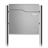 Metzler Standbriefkasten in Graualuminium - Pulverbeschichtet & mit Zeitungsfach - Inkl. Edelstahl Standfuß - Hochwertiger Briefkasten mit Zeitungsrolle und austauschbarem Namensschild Freistehend